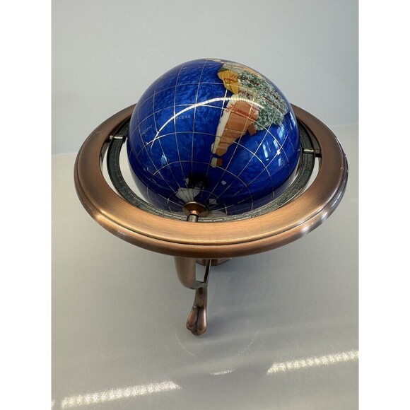 VINTAGE LAPIS LAZULI WORLD GLOBE DESK TABLE TOP GEMSTONES COPPER STAND COMPASS - Picture 15 of 16